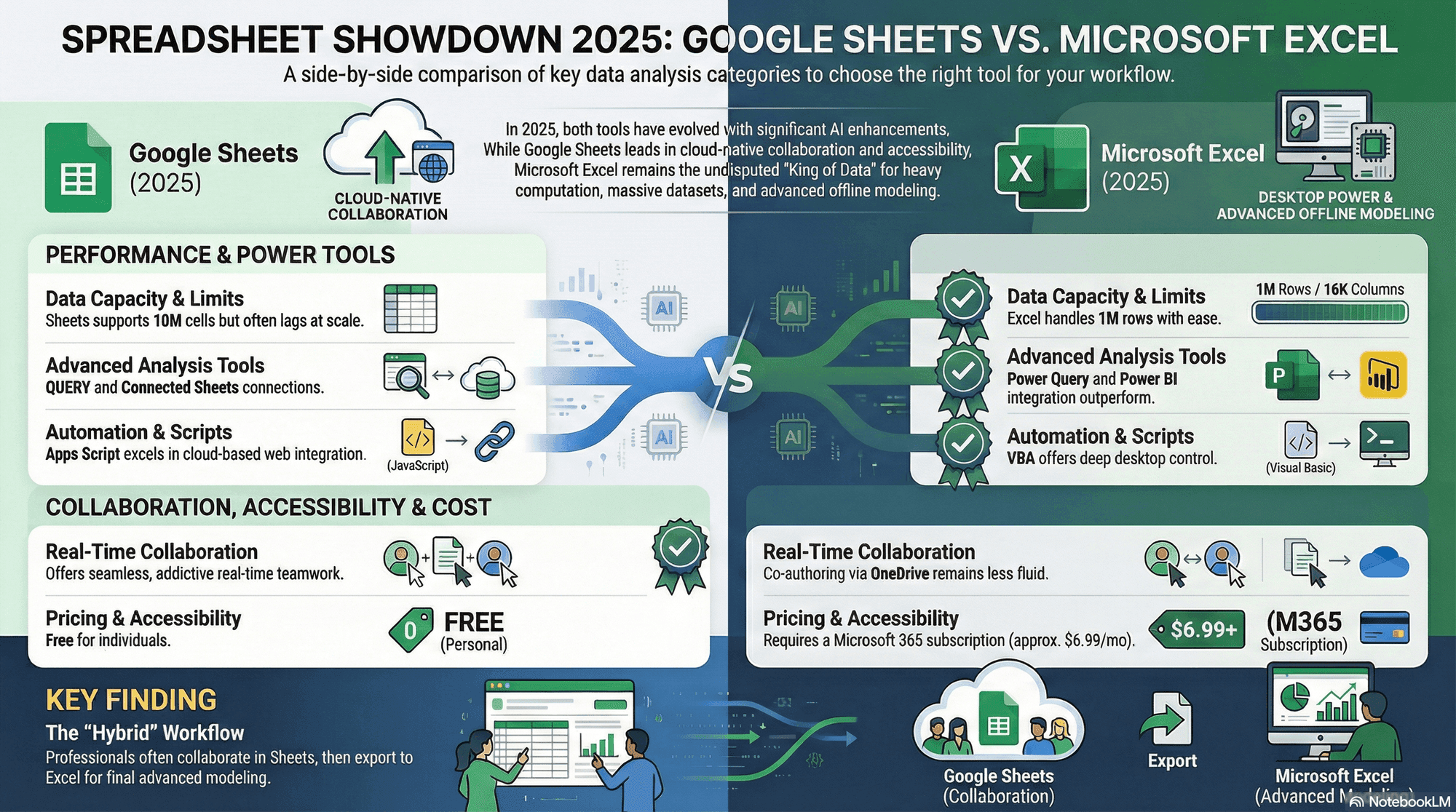 Google Sheets vs Excel for data analysis — side-by-side comparison of data limits, collaboration, analysis tools, and pricing