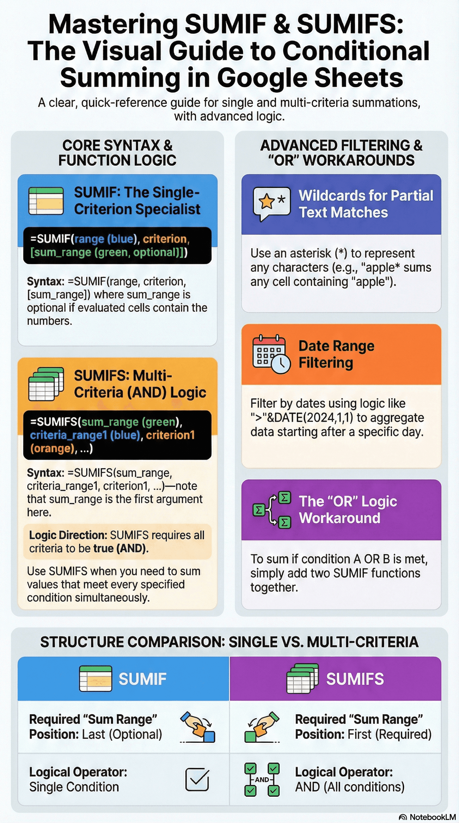 SUMIF and SUMIFS Google Sheets visual guide — syntax, wildcards, date ranges, and multiple criteria