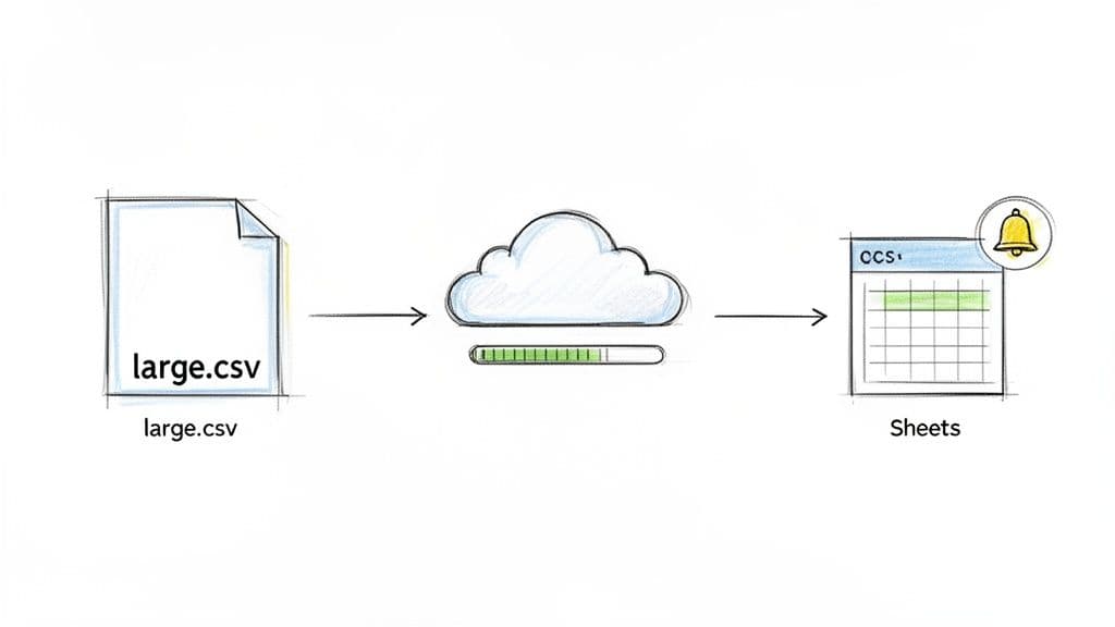 A diagram illustrates a large CSV file being uploaded to a cloud and then processed into a spreadsheet.