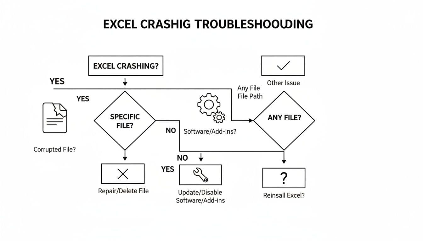Flowchart illustrating steps to troubleshoot Excel crashing issues, covering specific files, software, and add-ins.
