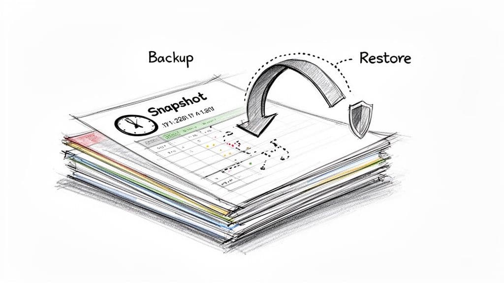 Hand-drawn image showing data backup, snapshot, and restore process with documents and a shield.