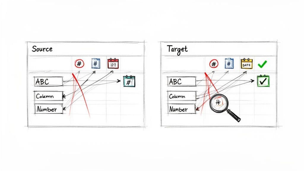A diagram comparing data mapping and transformation from a source to a target system with data validation elements.