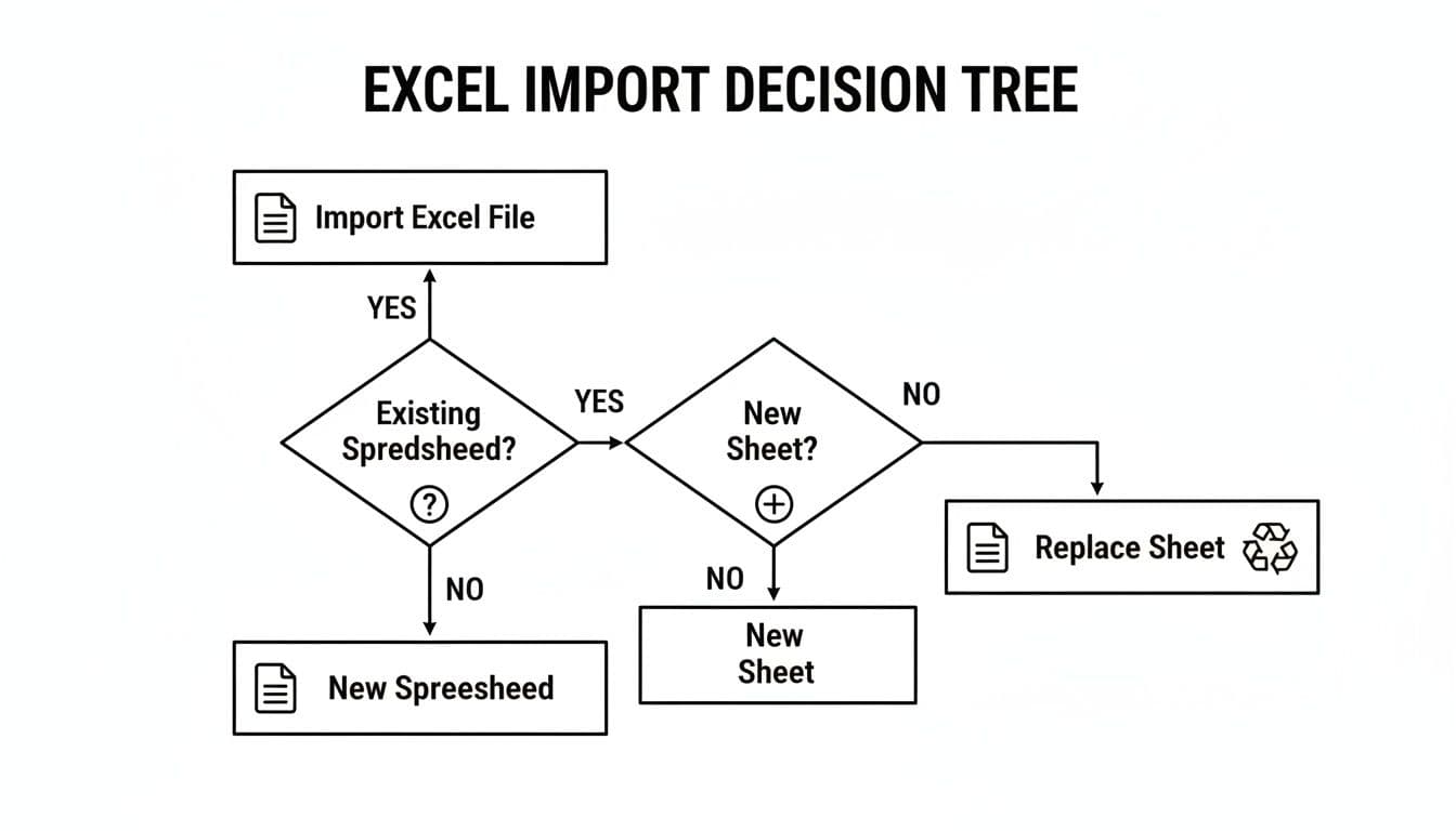 An Excel import decision tree flowchart showing options for importing data into existing or new spreadsheets.