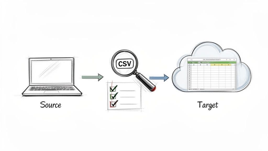 Diagram illustrating CSV data migration from a source laptop to a cloud target, showing data validation steps.