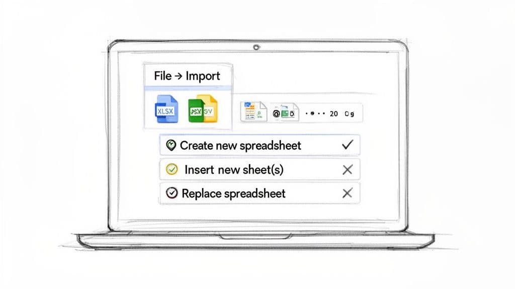 A laptop screen showing file import options in a spreadsheet application, with 'Create new spreadsheet' selected.