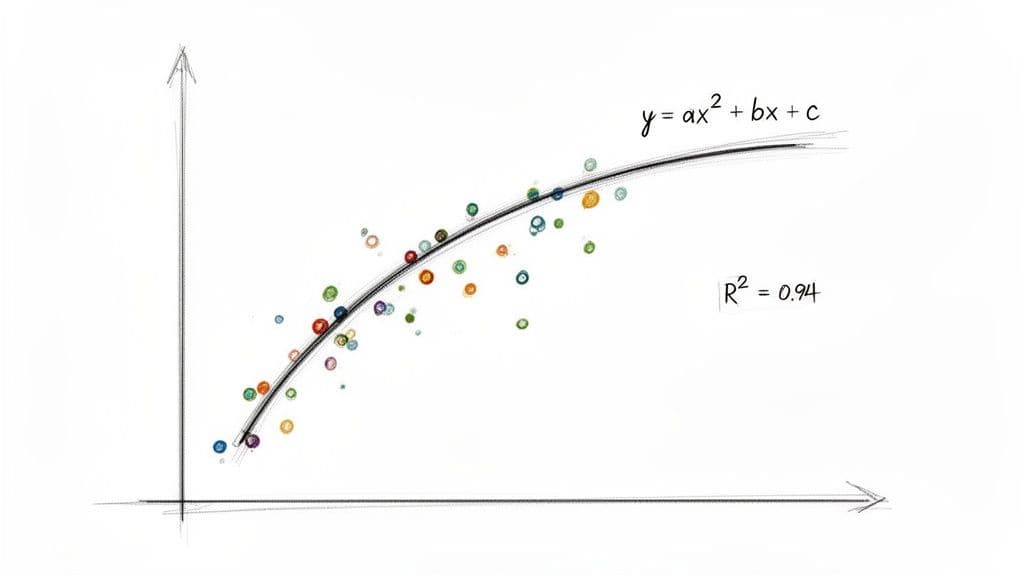 A hand-drawn graph illustrating a scatter plot with colorful data points and a quadratic regression curve and its equation.