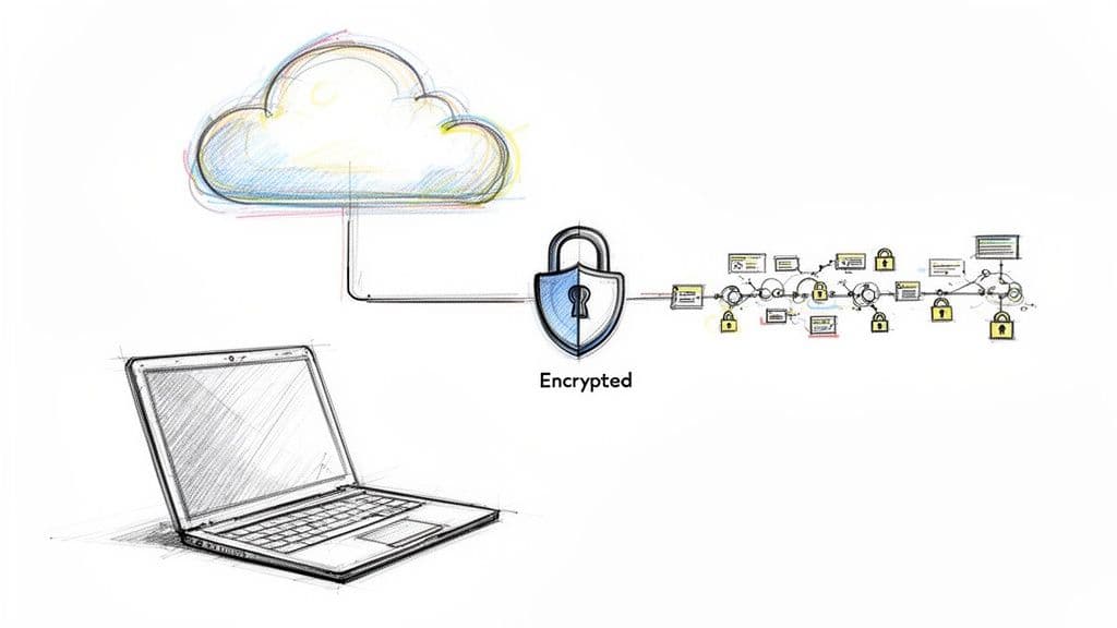 A laptop connects to a cloud through an encrypted lock, illustrating secure data flow and processing.