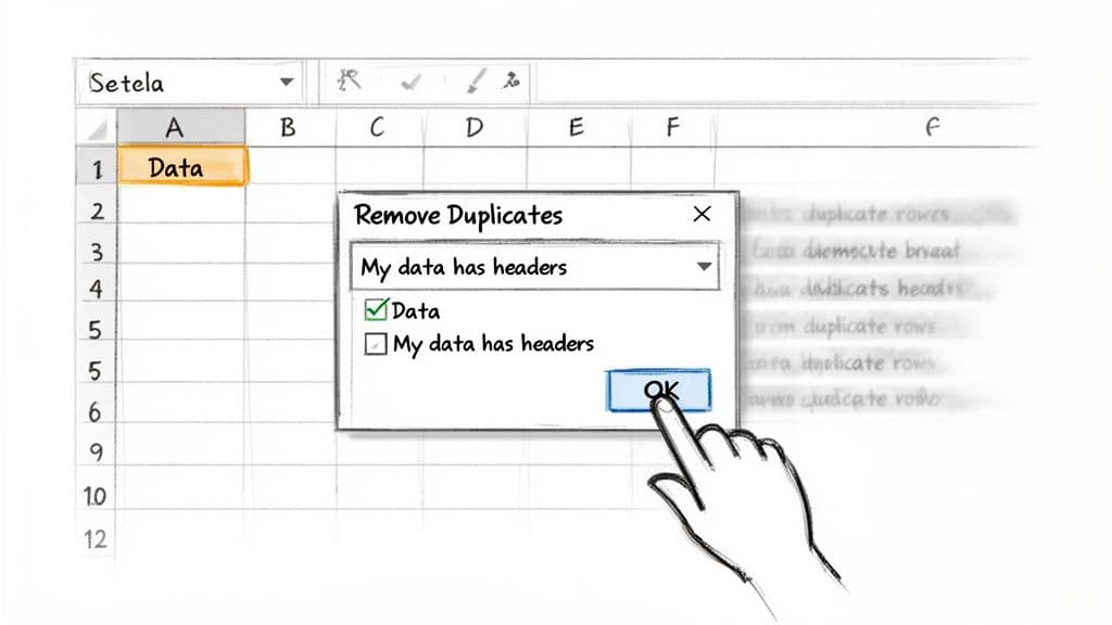A hand clicks OK on an Excel 'Remove Duplicates' dialog box with 'Data' column selected.