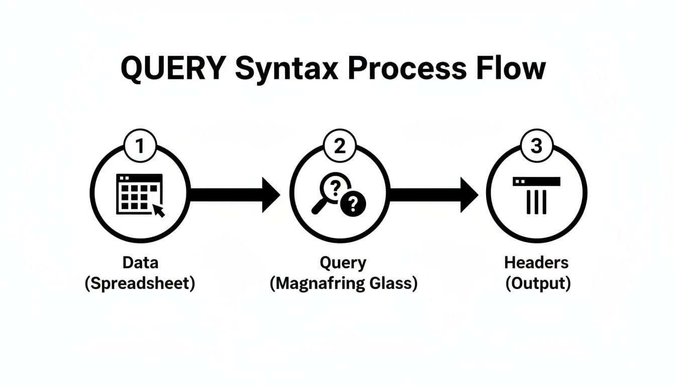 A flow chart illustrating the QUERY syntax process from spreadsheet data input to query processing and output headers.