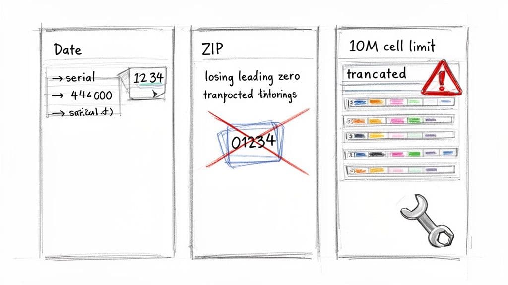 Illustration showing data import problems like date formatting, missing leading zeros, and cell limit truncation.