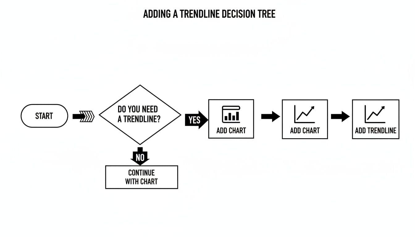 A decision tree flowchart explaining the steps for adding a trendline to a chart.
