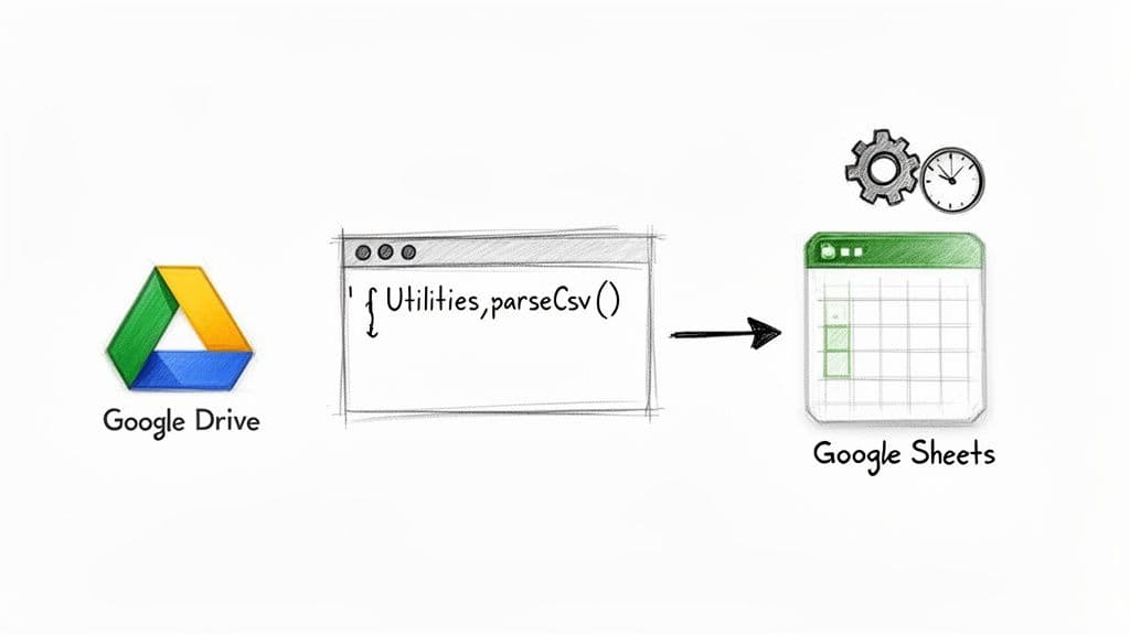 Diagram showing a CSV file from Google Drive being parsed by a utility and imported into Google Sheets.