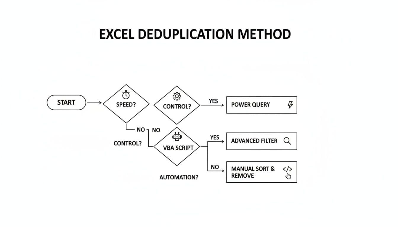 A flowchart illustrating various Excel deduplication methods, branching based on speed, control, and automation.