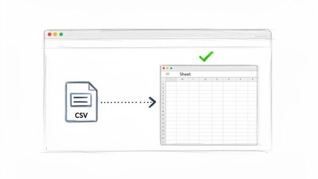 A CSV file is imported into a spreadsheet application displayed in a web browser, indicated by an arrow and a green checkmark.