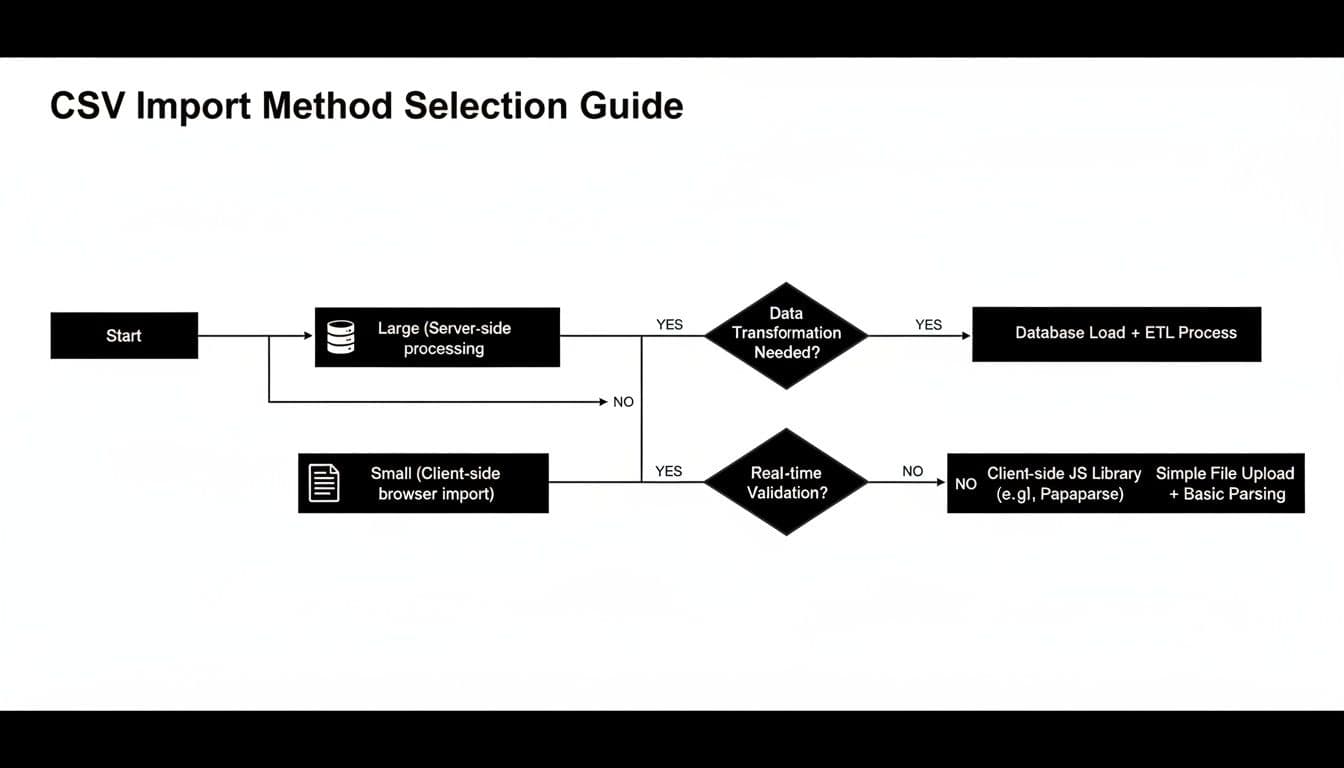 Flowchart guiding CSV import method selection based on file size, transformation, and validation needs.