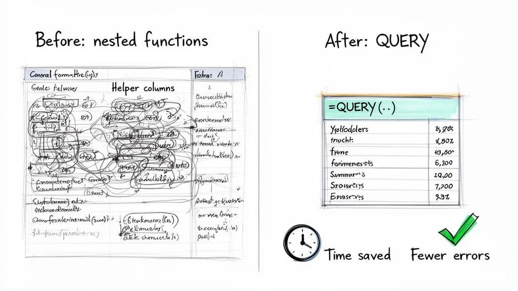Comparison of complex nested functions versus a simple Google Sheets QUERY function, highlighting time saved and fewer errors.
