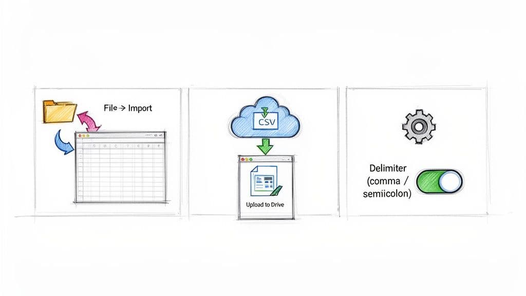 Diagram illustrating steps for importing CSV data into a spreadsheet, including source and delimiter settings.