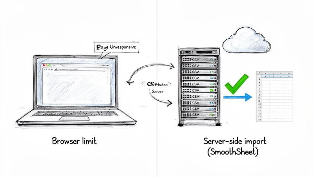 Illustration showing a browser failing to import CSV, contrasted with successful server-side data import.