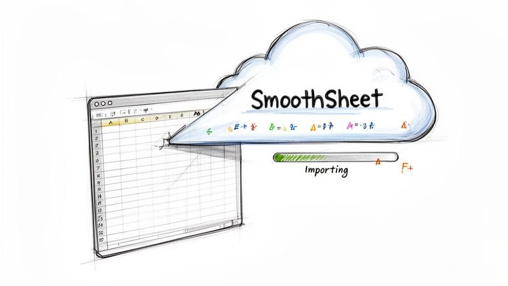 A sketch shows a spreadsheet program importing data into a cloud service named "SmoothSheet".