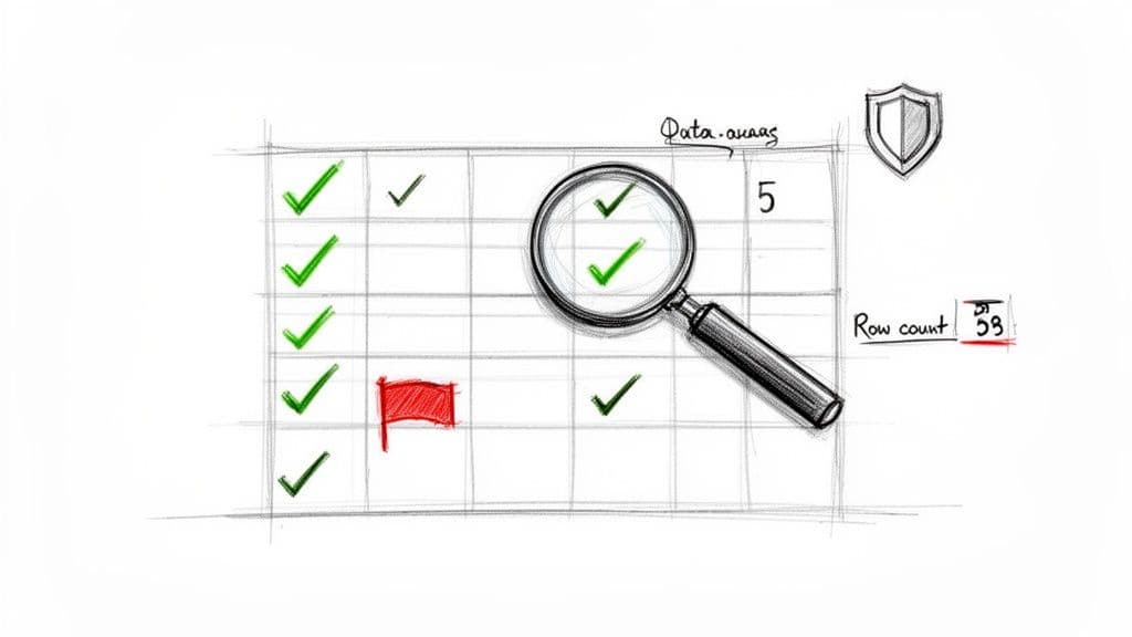 Hand-drawn illustration of data analysis with a table, green checkmarks, red flag, and magnifying glass.