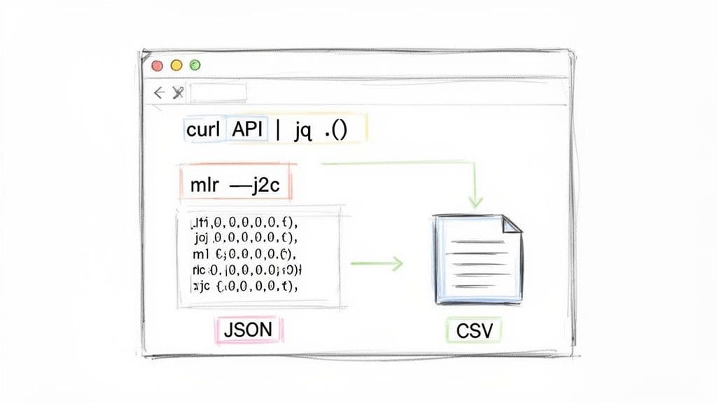 Diagram illustrating the command-line process of converting JSON data from an API to CSV format.
