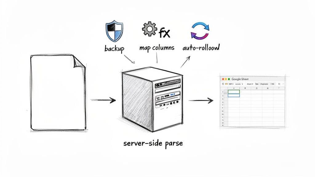 A diagram showing server-side parsing of a document into Google Sheets, with features like backup, column mapping, and auto-rollover.