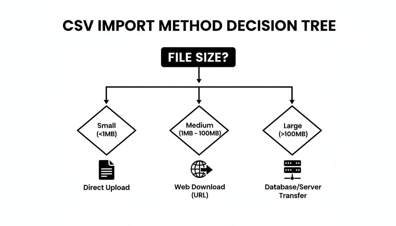 Decision tree illustrating CSV import methods based on file size: small, medium, and large.
