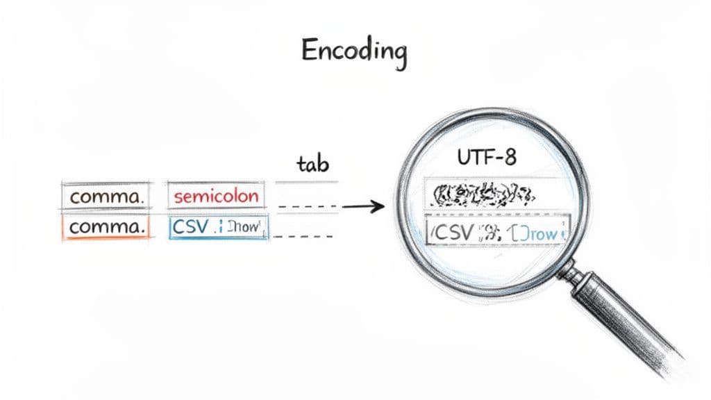 Diagram illustrating text encoding processes with delimiters like comma, semicolon, and tab into UTF-8, showing potential character corruption.