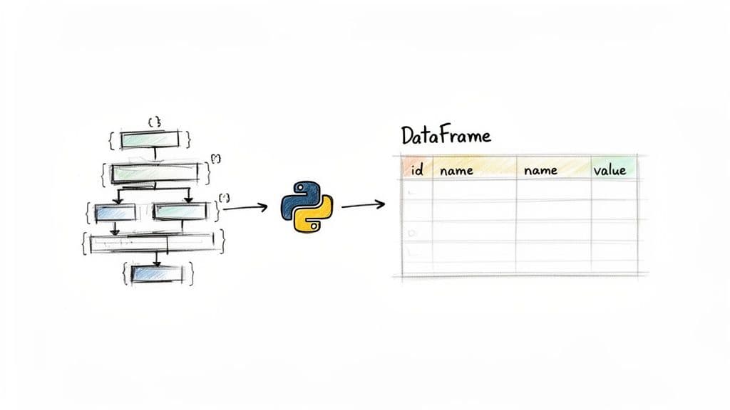 A visual representation of transforming nested JSON data through Python into a clean DataFrame table.