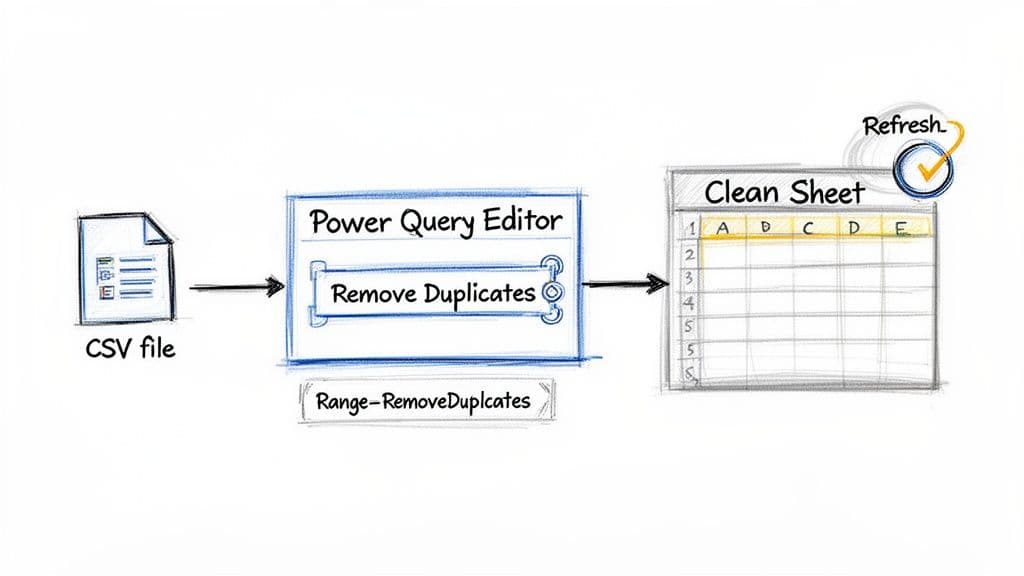 Diagram showing how to remove duplicate rows from a CSV file using Power Query for a clean sheet.