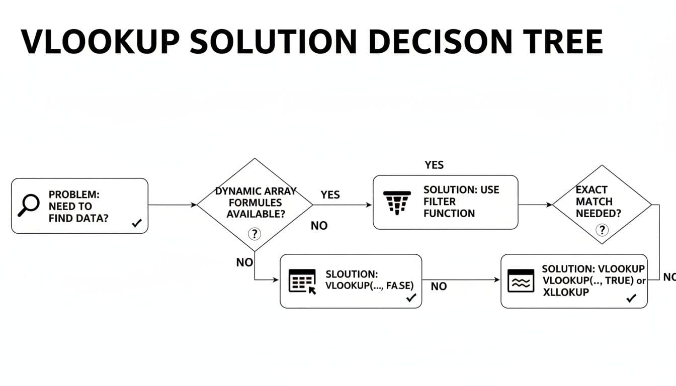 A VLOOKUP solution decision tree flowchart guiding users to find data using various Excel functions.