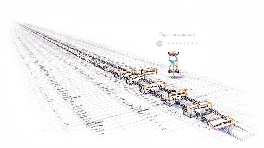 Chained 'IMPORTRANGE' blocks on a spreadsheet grid, an hourglass, and 'Page unresponsive' message, illustrate Google Sheets processing delays.
