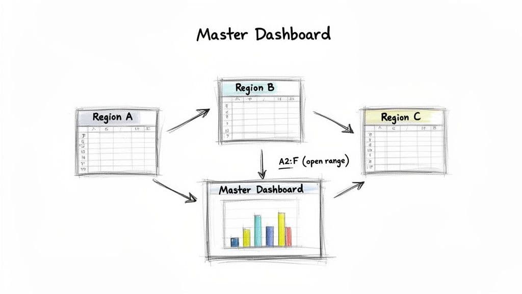 Diagram showing data from Region A, B, C spreadsheets flowing via IMPORTRANGE to a Master Dashboard with a bar chart.