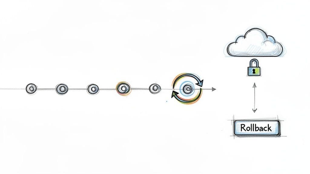 A process timeline leading to a rollback option, connected to a secure cloud environment.