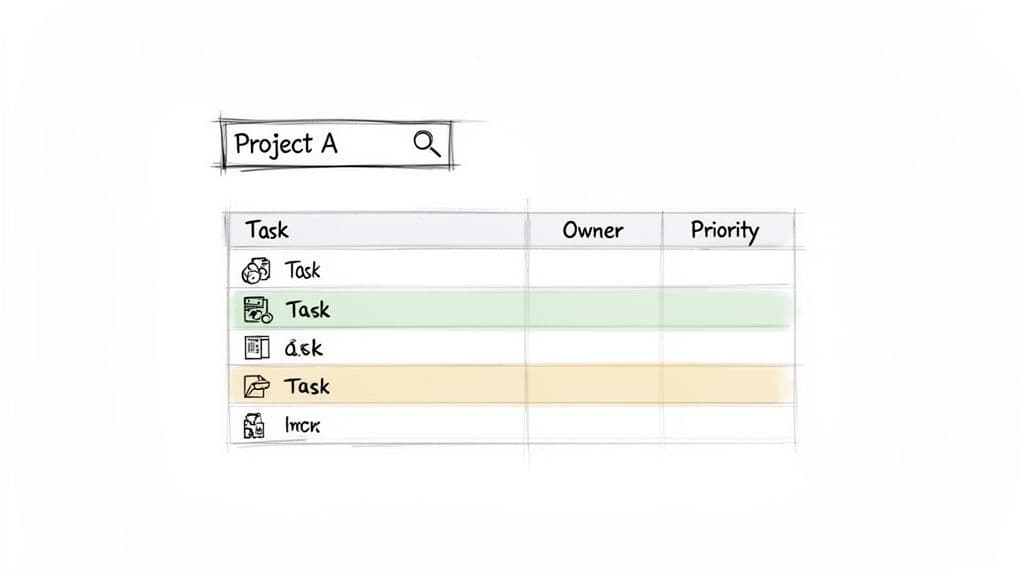 Hand-drawn sketch of a project management table for 'Project A' showing tasks, owner, and priority.