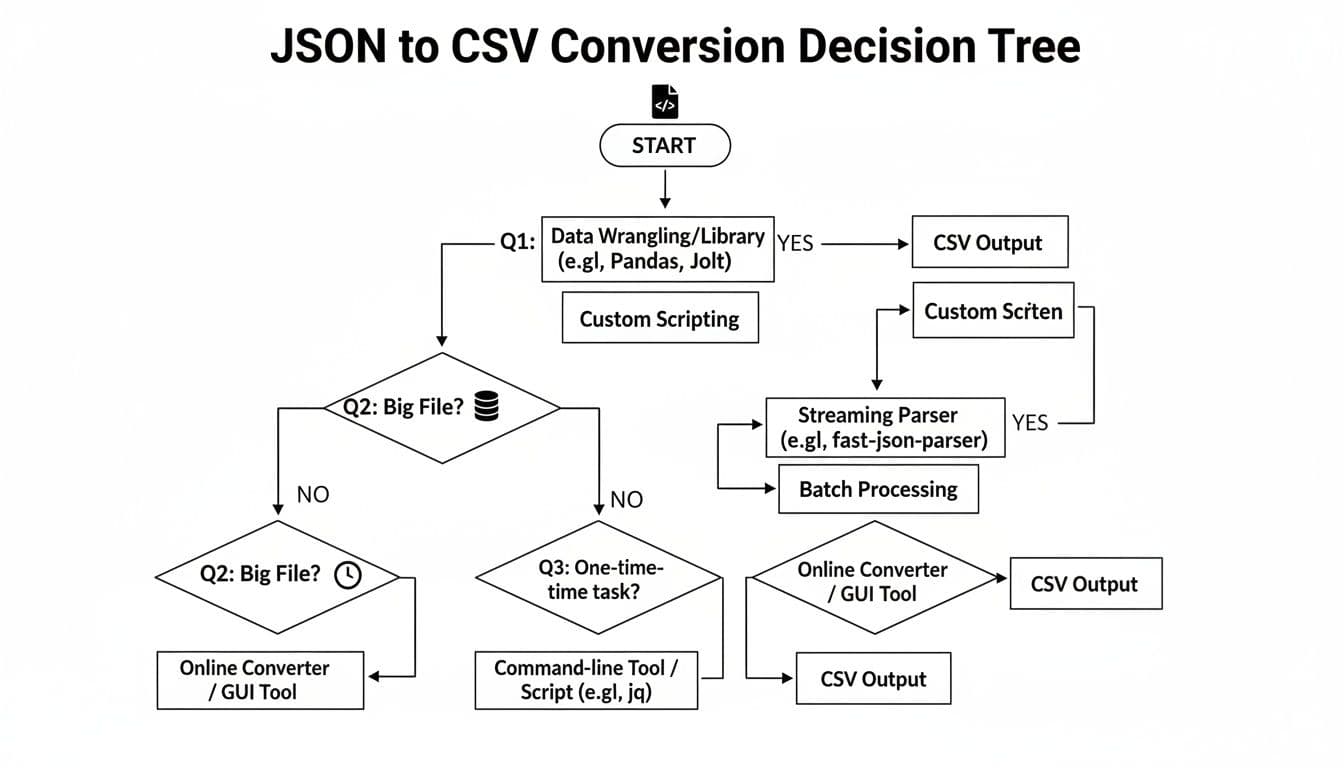 A decision tree flowchart guides the conversion of JSON data to CSV format, considering file size and tools.