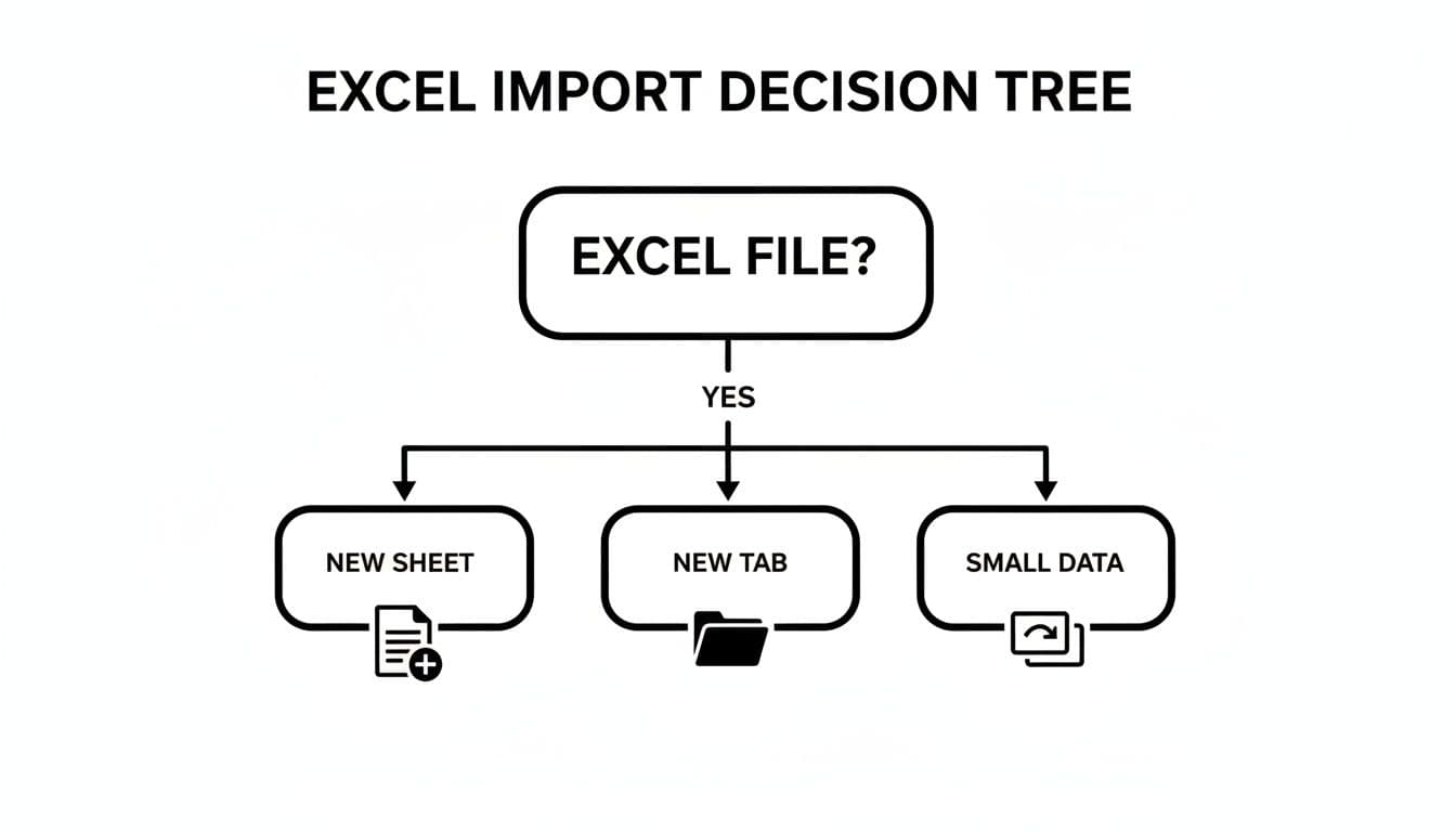 A decision tree flowchart showing options for importing an Excel file into different locations.