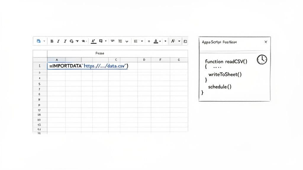 A spreadsheet displays a formula to import data from a CSV file, next to an Apps Script for automation.