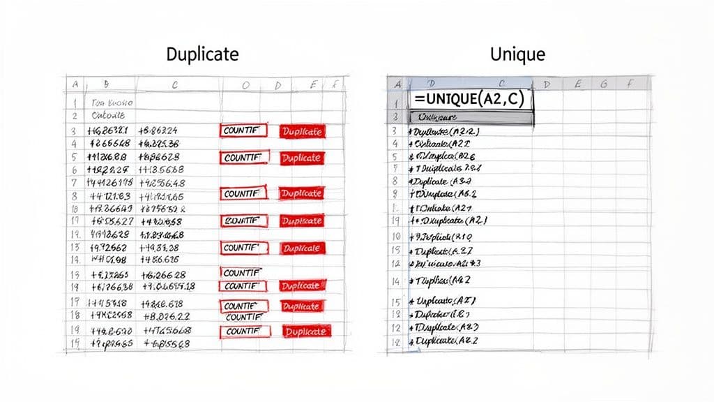 Two Excel spreadsheets demonstrate finding duplicate values with COUNTIF and extracting unique values with the UNIQUE function.