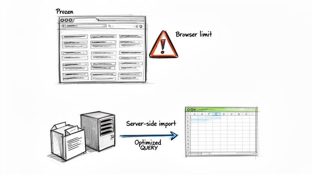 Diagram showing how server-side import and optimized queries overcome browser limits for large data in spreadsheets.