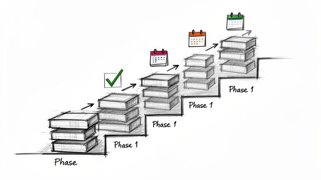 Hand-drawn illustration of a multi-stage process with books, calendars, and a checkmark.