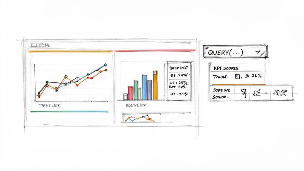 Hand-drawn sketch of a data analytics dashboard displaying line graphs, bar charts, and KPI scores.