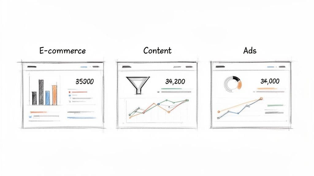 Sketched web analytics dashboards displaying performance data for e-commerce, content, and ads.