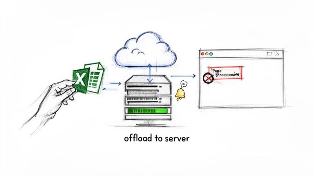 A hand sends Excel files to a server to offload processing, preventing a 'Page unresponsive' error.