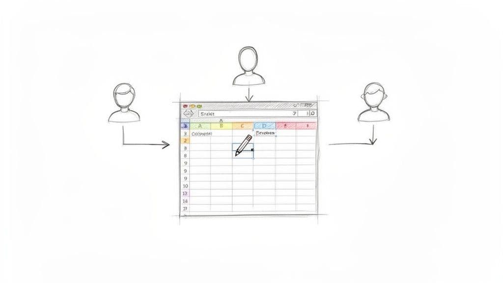 A sketch depicts multiple users interacting with an Excel-like spreadsheet, showing collaborative editing.
