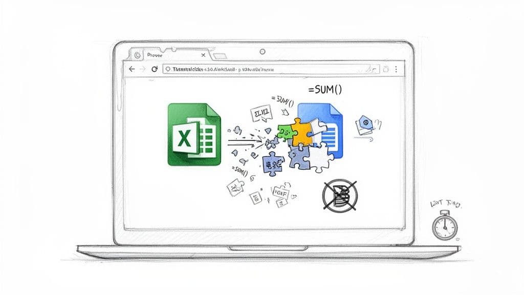 Laptop screen displays Excel converting to Google Sheets, showing broken data, manual effort, and lost time.