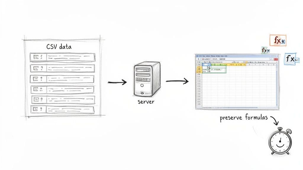 Diagram showing CSV data processed by a server into a spreadsheet, preserving formulas and saving time.