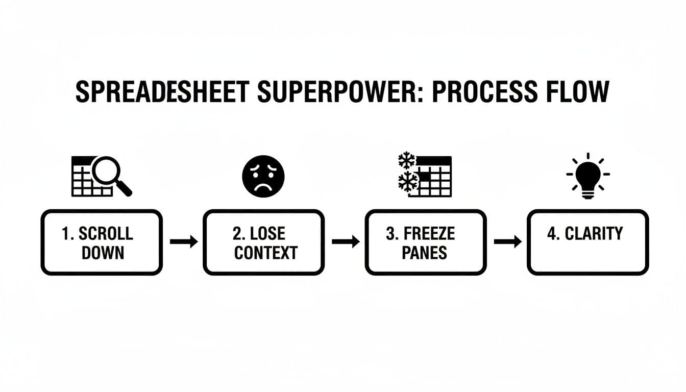 A process flow diagram shows using spreadsheet freeze panes to go from losing context to clarity.