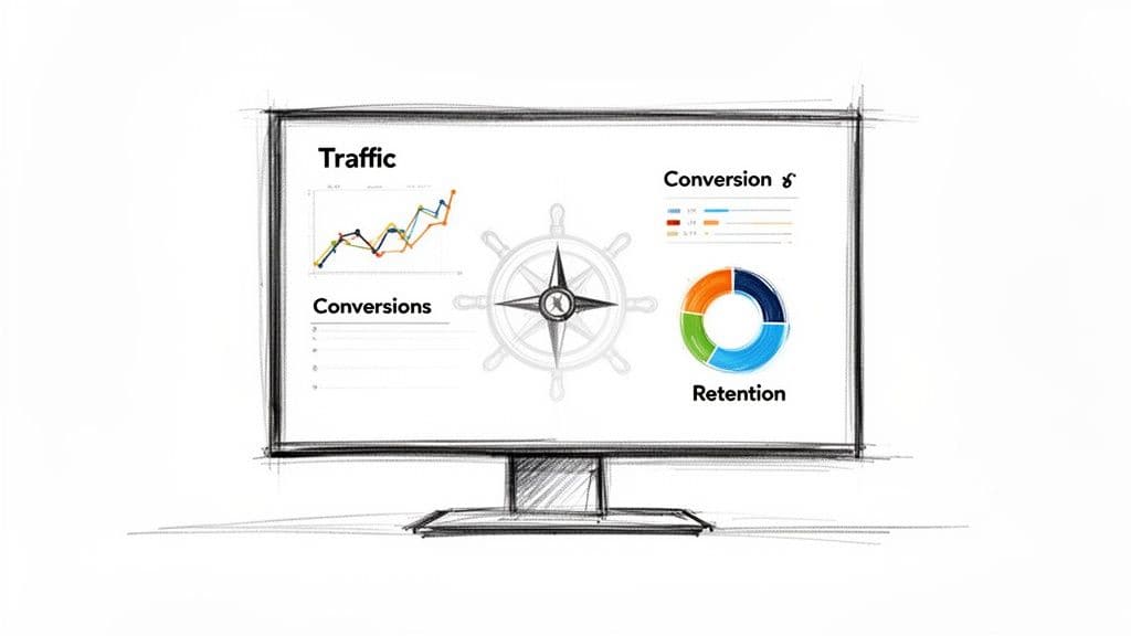 Hand-drawn monitor displays a web analytics dashboard with charts for traffic, conversions, and retention rates.