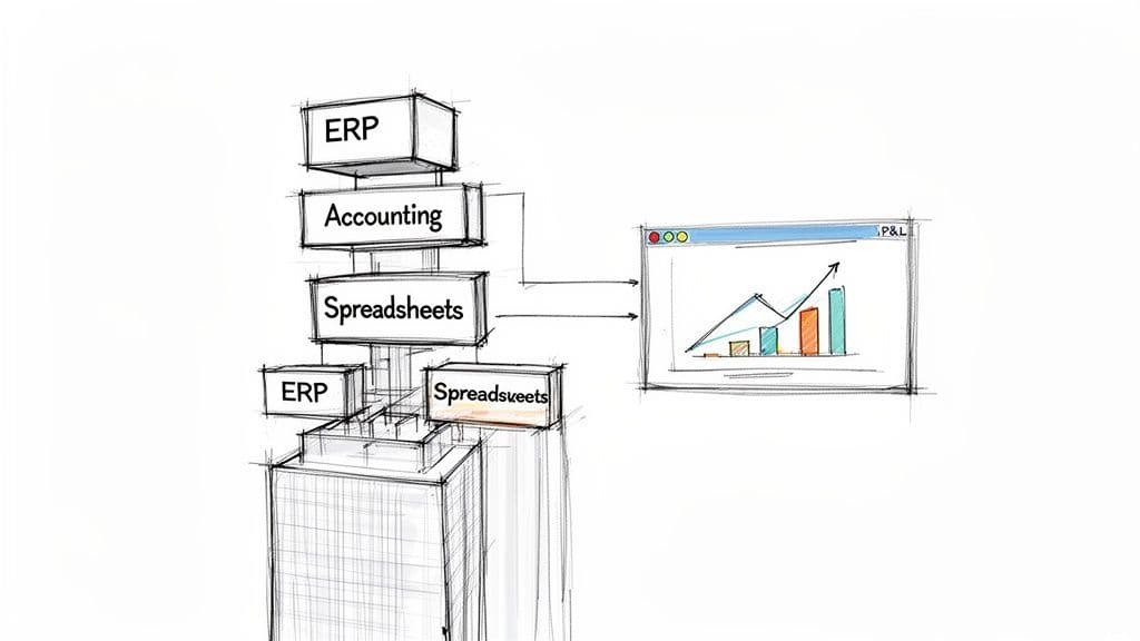 Diagram illustrating financial data flow from ERP and spreadsheets to a P&L chart.